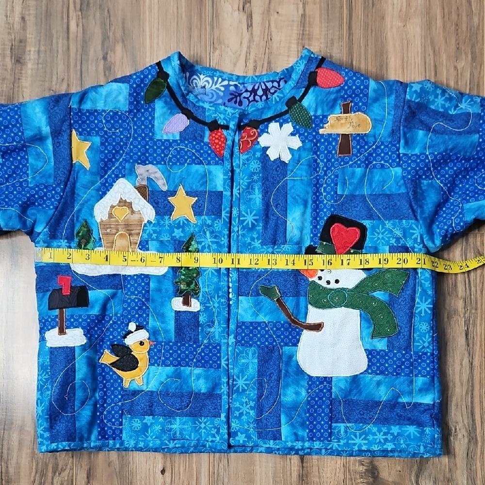 Hand Crafted Blue Women’s Patchwork Quilted Jacket with Snowman Design M/L - Picture 7 of 11